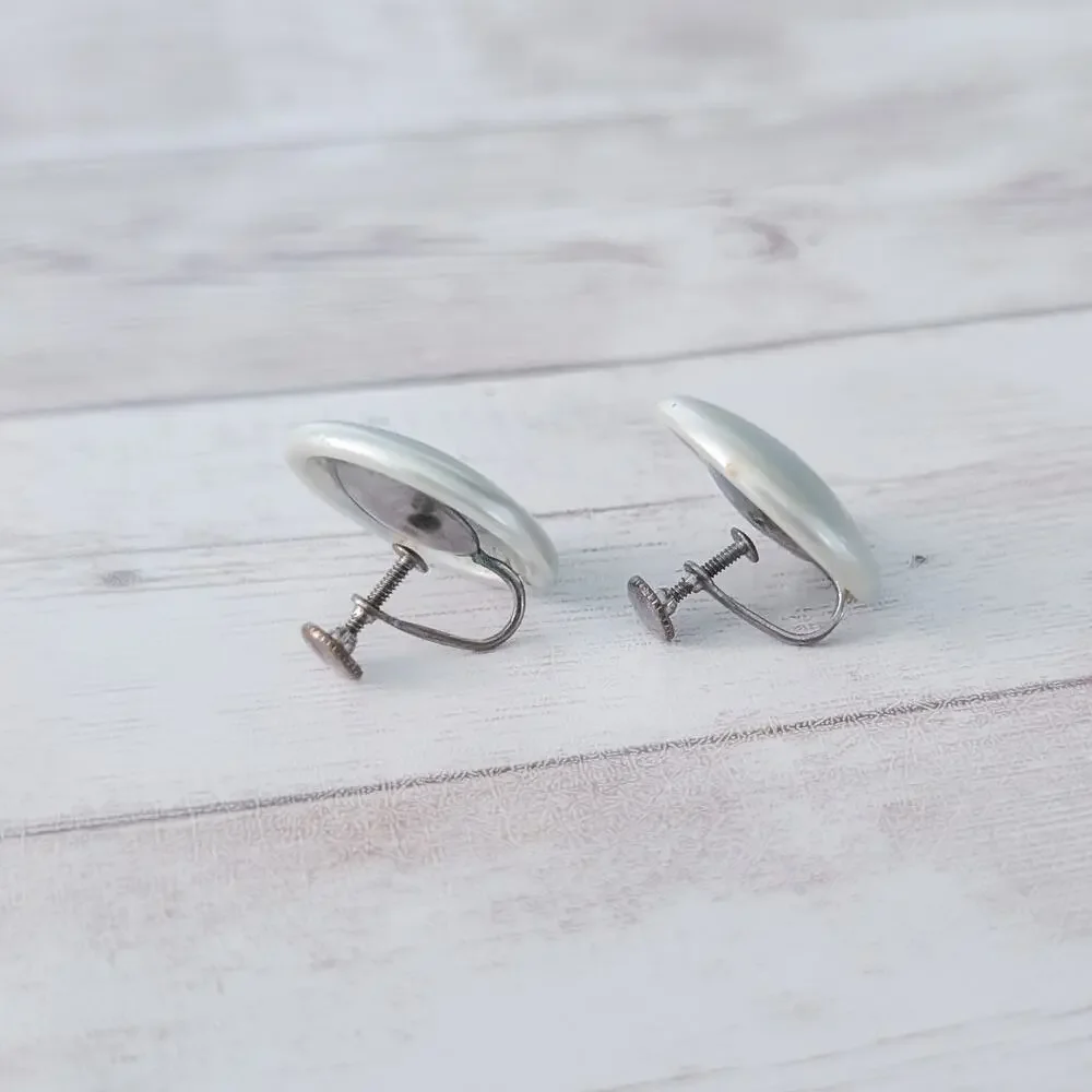 Vintage Screw On Earrings Pale Green/Blue Pearlescent Circle